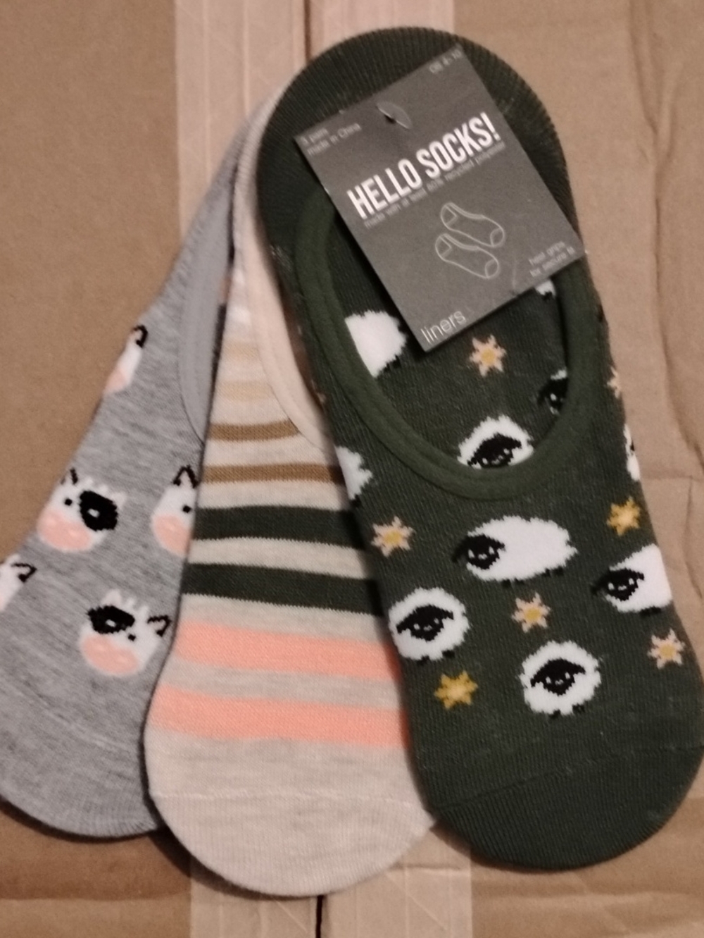 Hello Socks! No-Show Liner Sock Trio - Cows, Stripes, Sheep Size 4-9 NWT